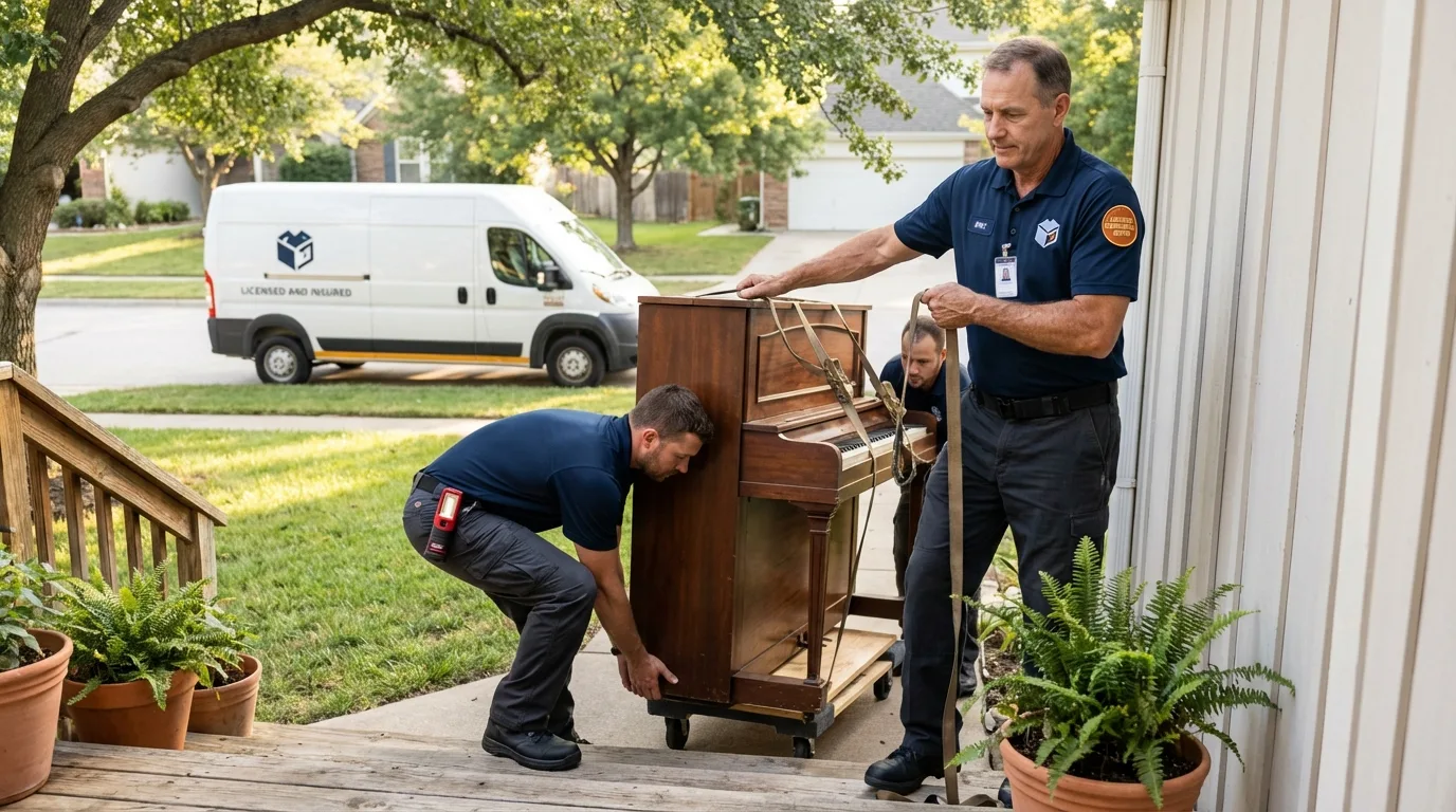 Licensed piano movers securing grand piano in Ruidoso Downs, NM