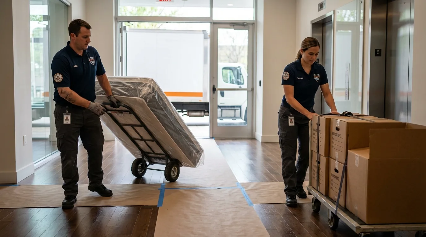 Professional apartment movers loading elevator in Ruidoso Downs, NM