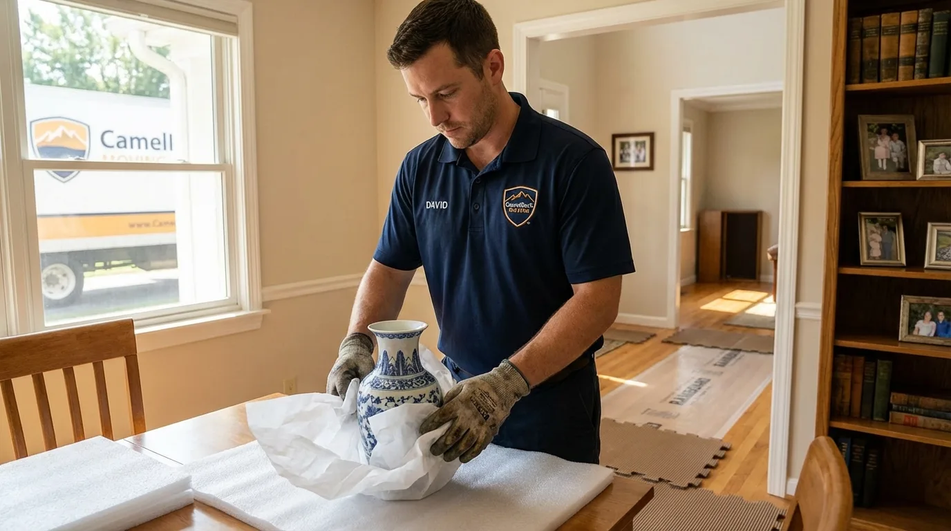 Professional crew carefully wrapping antique vase for senior downsizing move in Ruidoso Downs, NM